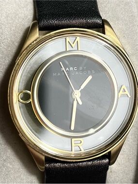 Marc By Marc Jacobs Black Dial Gold-Tone Watch with Black Leather Strap
